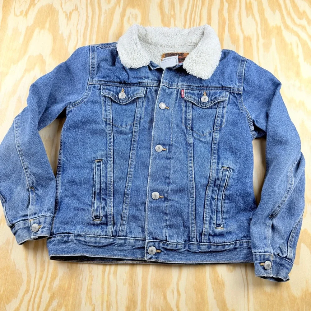 Levis Kids Denim Sherpa Trucker Jacket Blue Medium Wash Size L 12-13 Yrs